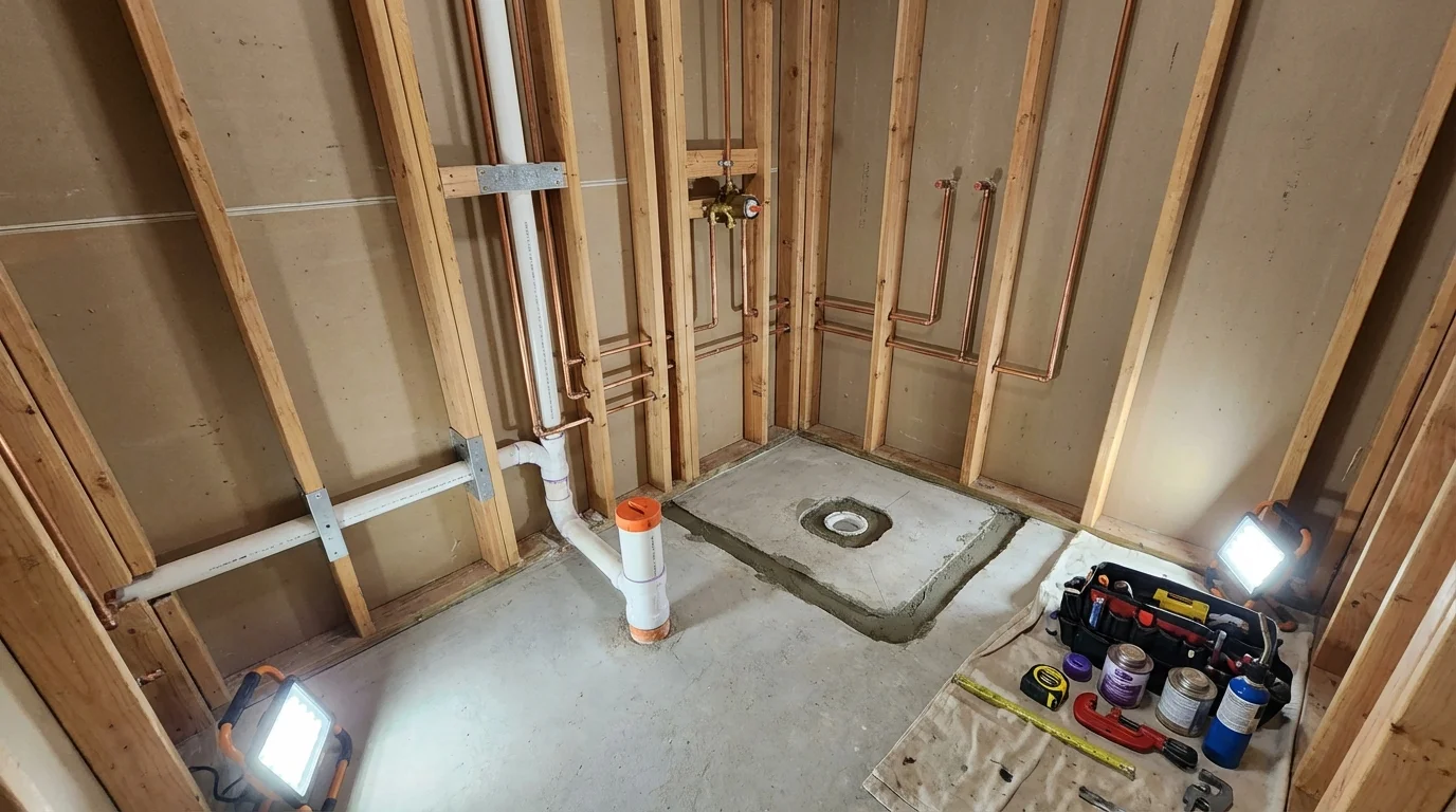Bathroom rough-in plumbing during remodel by Johns Plumbing LLC in Webberville