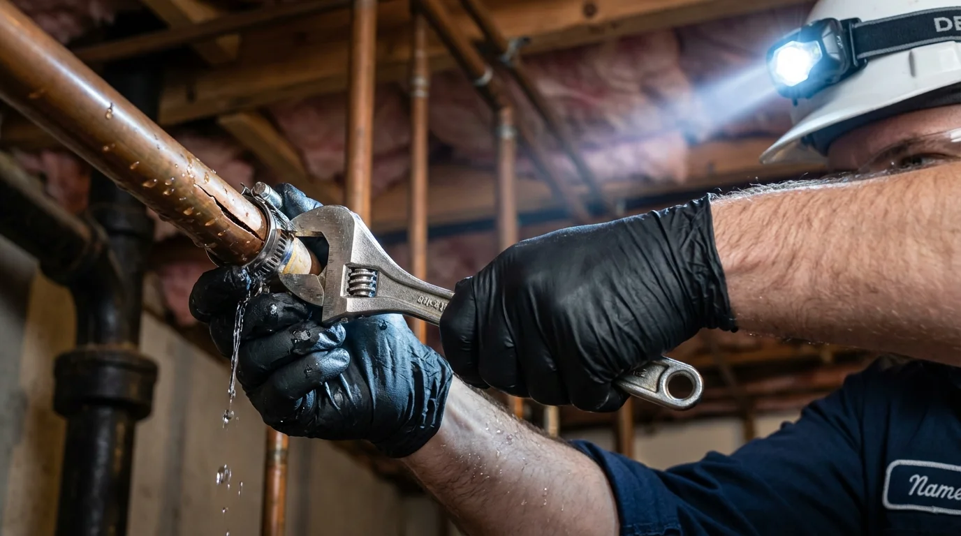 Emergency pipe clamp repair being performed by a Johns Plumbing LLC plumber in Webberville