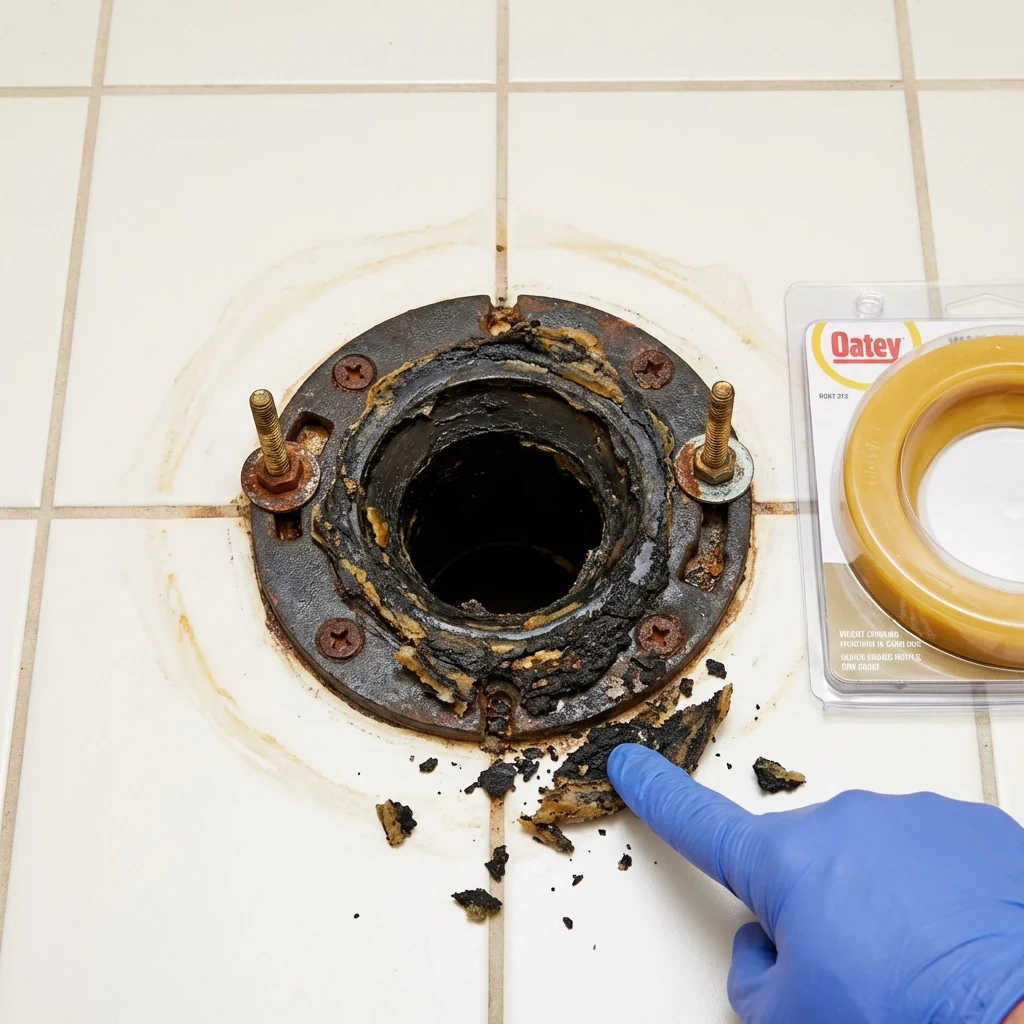 Failed wax ring showing water seepage at the base of a toilet in a Webberville, MI home
