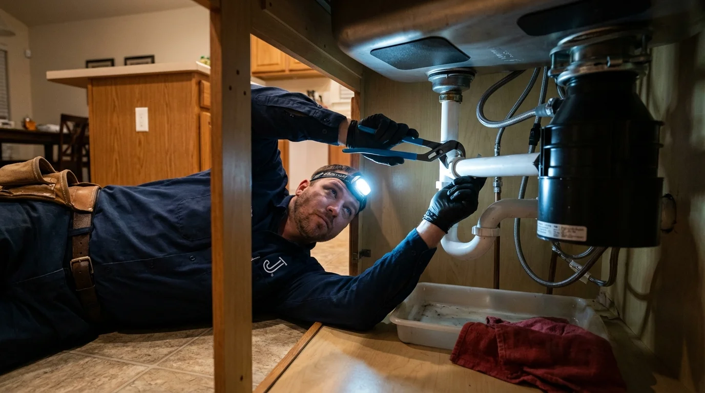 P-trap and supply line connections under a kitchen sink showing a common leak point in Webberville, MI